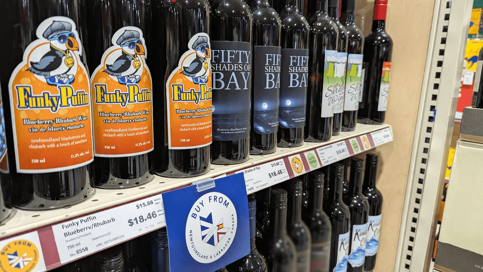 Great Auk wine bottles displayed on liquor-store shelves