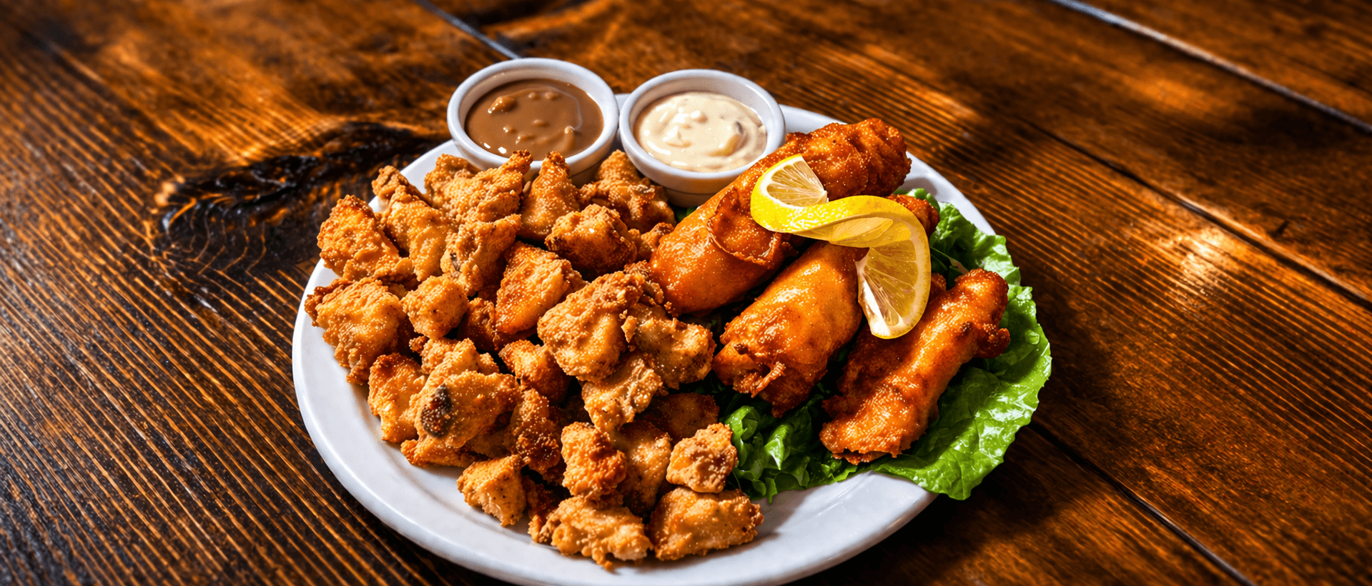 Great Auk restaurant plate with fried local comfort food and dipping sauces