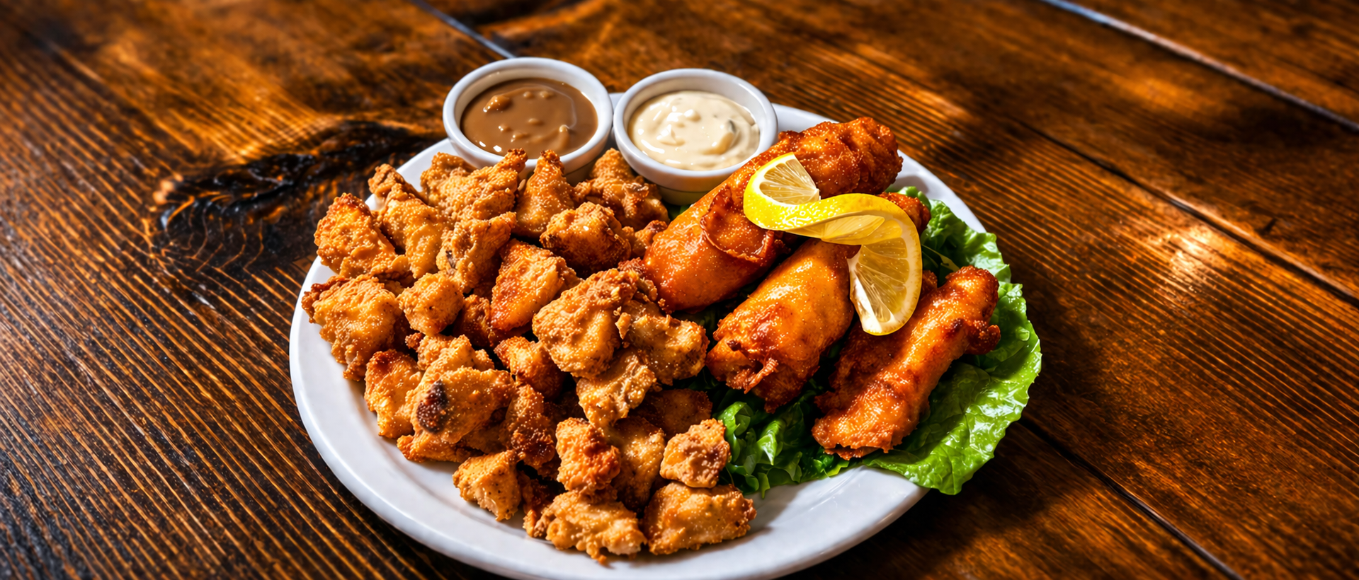 Great Auk restaurant plate with fried local comfort food and dipping sauces