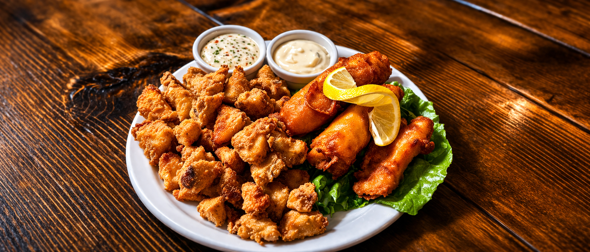 Great Auk restaurant plate with fried local comfort food and dipping sauces